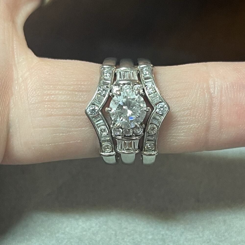 Jeulia Sterling CZ Art Deco Style 3 Ring Bridal Set Round & Baguette Sz 9.75